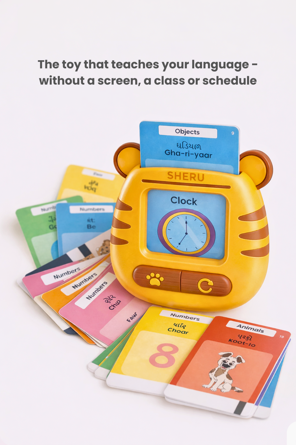 Sheru the Tiger screen-free language learning toy for Indian children with Gujarati Hindi Punjabi flashcards