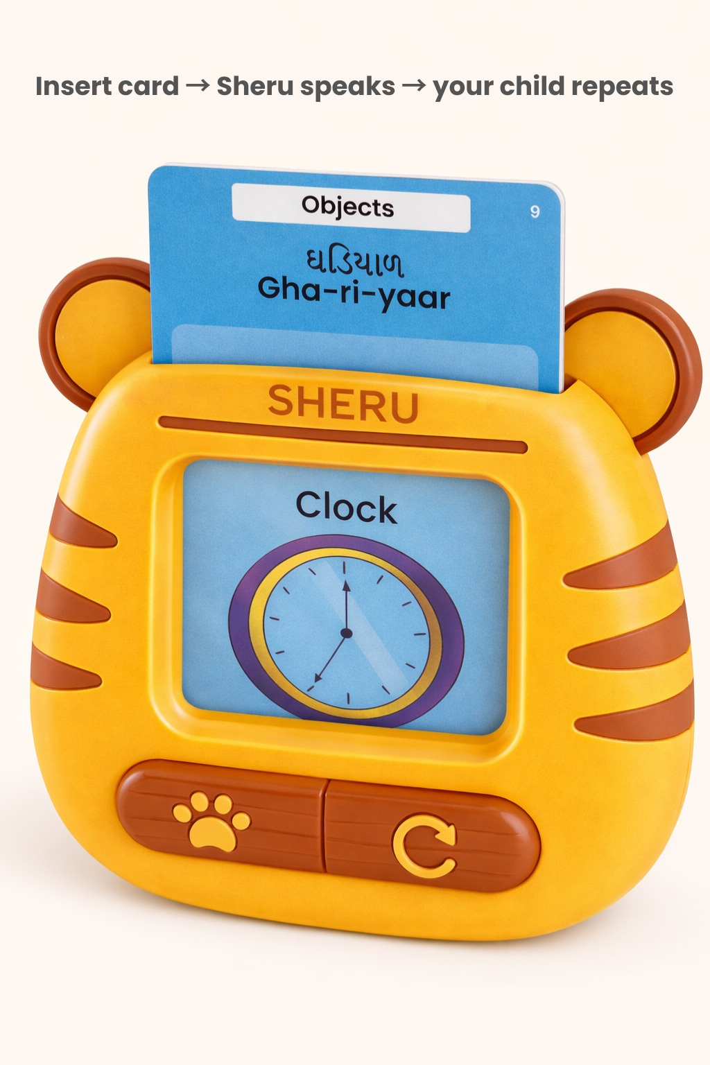Screen-free Indian language learning toy for toddlers — Sheru the Tiger with Gujarati flashcard