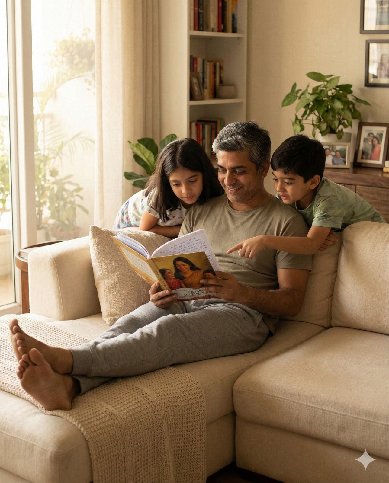 Indian father reading Papa Tell Me Everything memory journal with his children, meaningful family keepsake gift