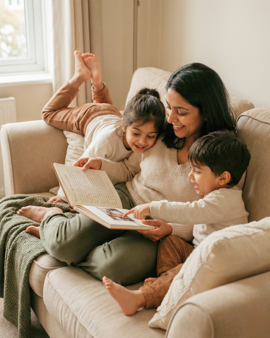Indian mother reading guided memory journal with her children, Pehli keepsake gift for Indian families
