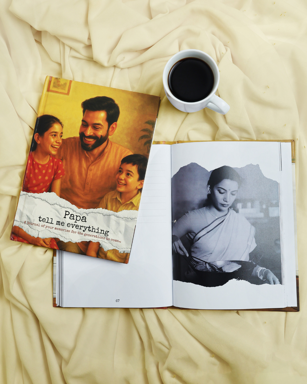 Inside pages of guided memory journal for Indian families showing prompts and nostalgic family photo