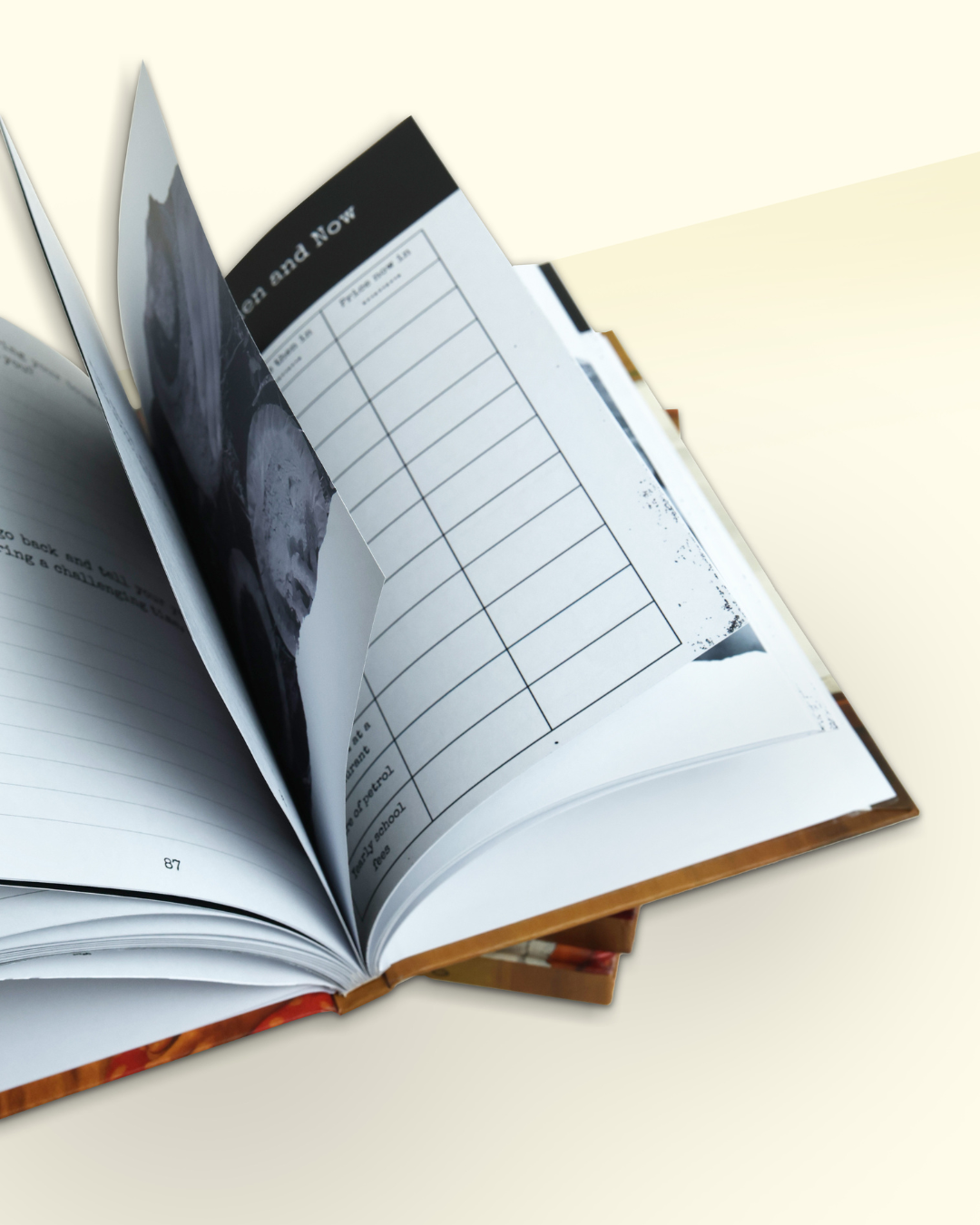 Guided parent memory journal showing writing space, family tree section and photo pages for Indian families