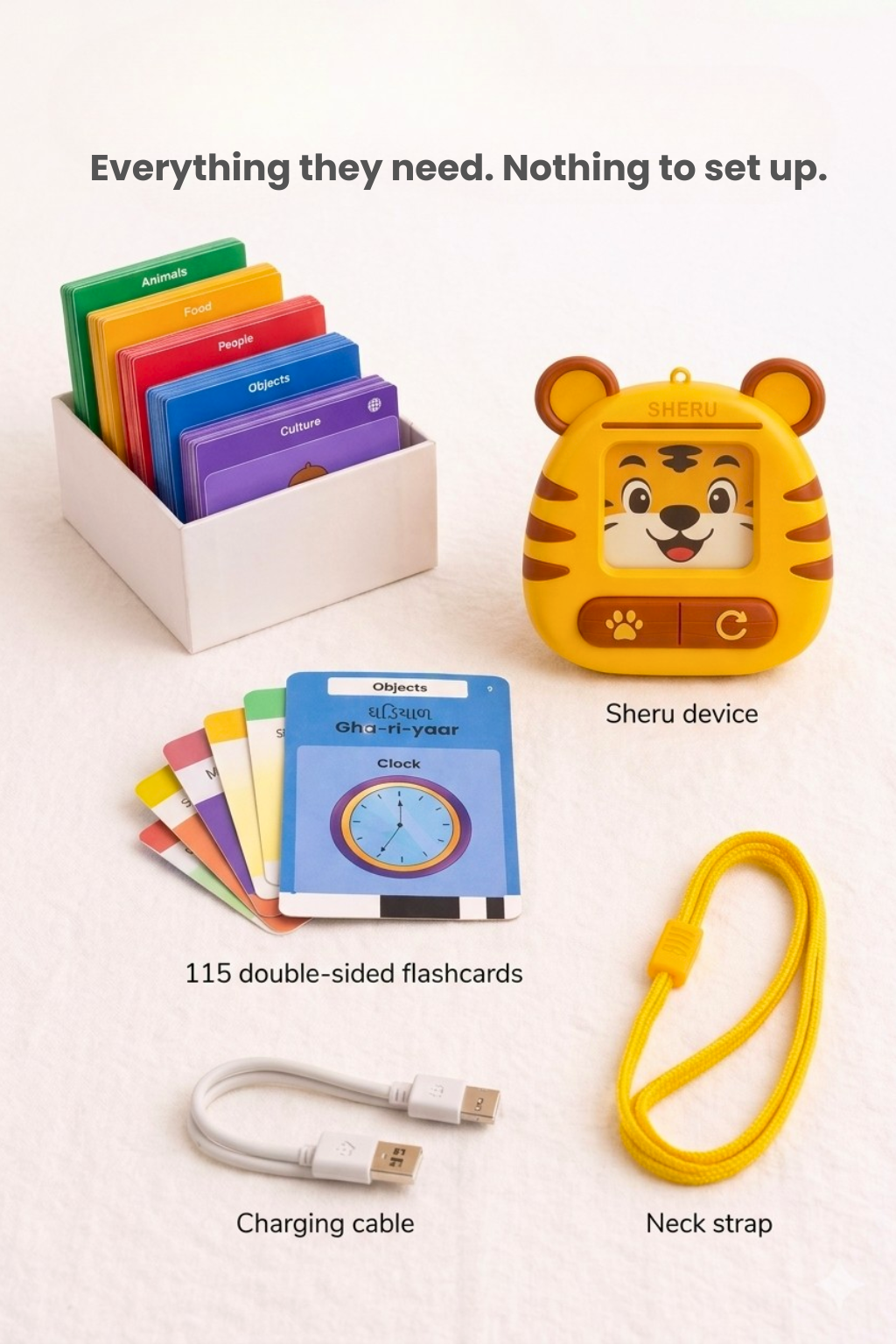 Sheru the Tiger complete set — screen-free interactive Gujarati Hindi Punjabi learning toy with 115 flashcards USB-C cable and travel easy neck strap